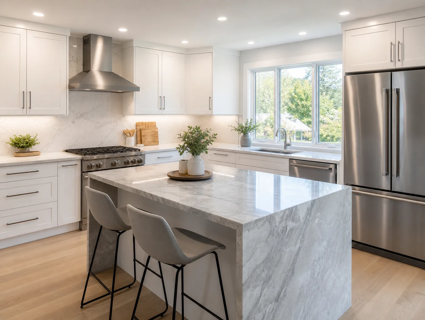 Example kitchen remodel concept with walnut cabinets and dark quartz, Roswell GA